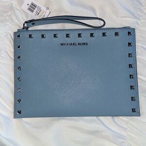 NWT Michael Kors Light Blue Studded Clutch XL